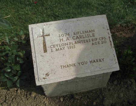 Gravestone of Rifleman H.A. Carlisle - Ceylon Planters Rif. CPS. 2nd May 1915. Age 20