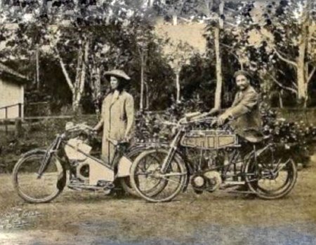 Charles Northway and his wife on Deviturai Estate on their motorbikes. She with a Douglas and he on a Bat (circa 1910)