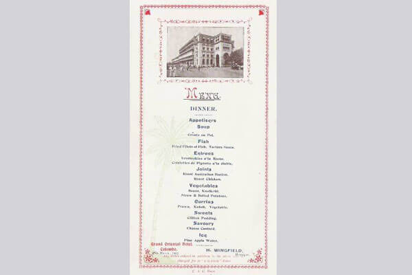 Menu from Grand Oriental Hotel, Colombo, 25 March 1902