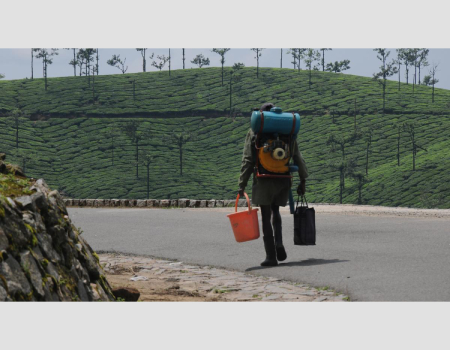 File picture of a plantation worker carrying equipment to spray pesticides in a tea plantation in Tamil Nadu