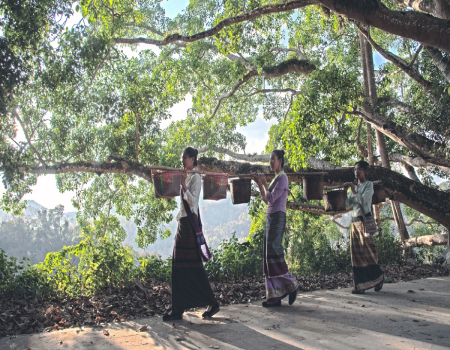 Young women carry baskets on Jingmai Mountain. Photo: Courtesy of the Administration for the Conservation of Old Tea Forests of the Jingmai Mountain in Pu'er