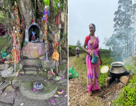 Left: A Hindu shrine at a tea estate settlement on the Pekoe Trail. Right: A worker at a tea plantation boils water to make tea for her co-workers. 