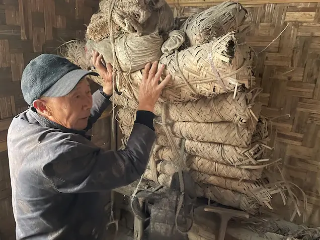 Village historian Chen Shoukang displays a typical cargo carried by porters—bricks of tea in bamboo-wrapped containers.  
    
