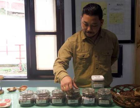 Rajat Thapa, manager of the Happy Valley Tea Estate, Darjeeling’s second oldest tea plantation, showing the types of teas produced at the estate. Taniya Dutta / The National