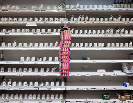 Empty shelves where hand sanitiser is usually stocked inside a London supermarket. (Image: Yui Mok/PA Wire)