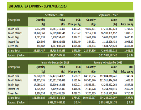 Sri Lanka tea export revenues up 1.8-pct in September