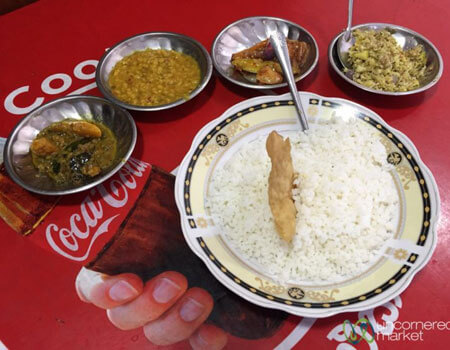 Rice and curries, a typical Sri Lankan lunch at a local restaurant.