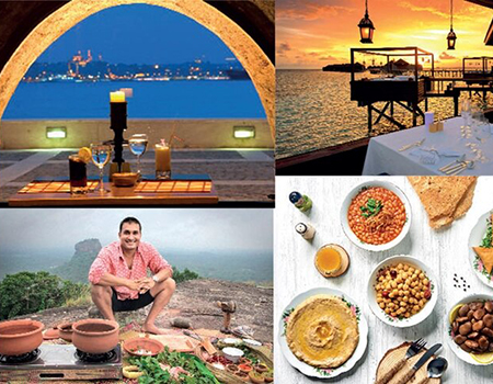 Top 5 trending foodie destinations. (From top left, clockwise - Gorgeous views of Istanbul, Tamarind the Indian Speciality restaurant at Lily Beach Resort & Spa Maldives, Arabian Tea House- Emirati Food, Srilankan celebrity Chef Peter Kuruvita on one of his travels, cooking local food)