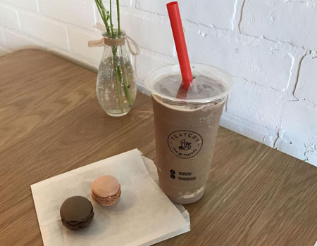 The frozen chocolate drink at Teatery is thick and rich, more like a frozen hot chocolate than a chocolate shake. The cherry and chocolate macarons were light, sweet treats.

ADVOCATE PHOTO BY KYLE PEVETO