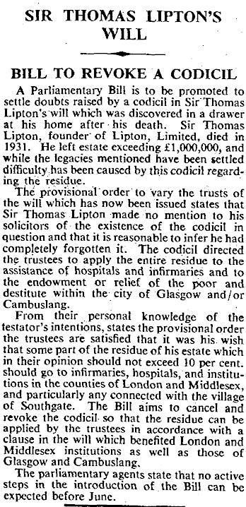 16.Sir Thomas Lipton's Will - Bill to revoke a codicil
