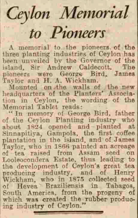 36.Ceylon Memorial to Pioneers George Bird, James Taylor  & HA Wickham