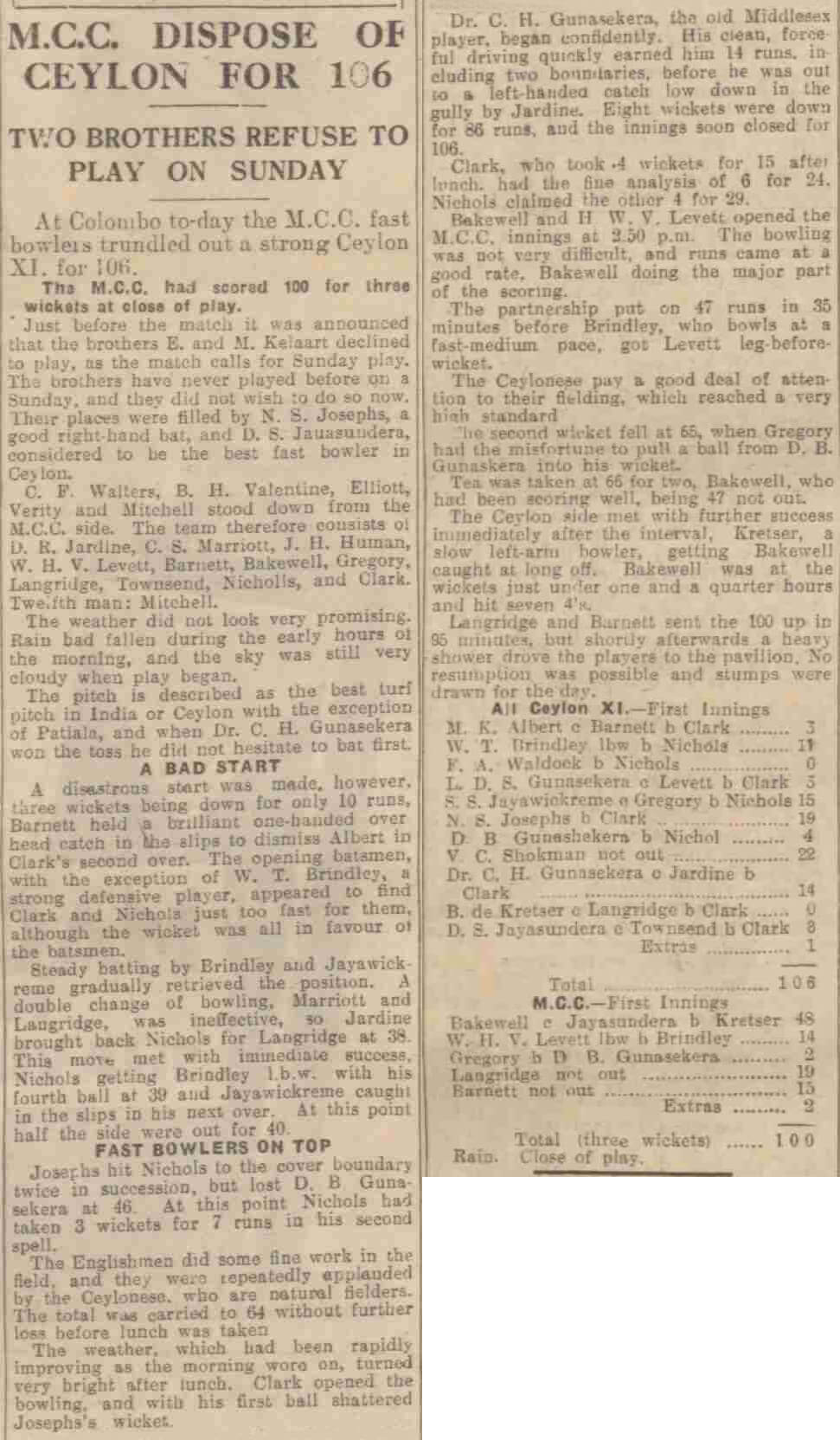 107. MCC Dispose of Ceylon for 106