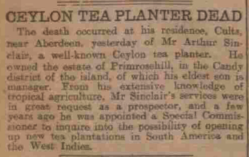 113. Ceylon Tea Planter Arthur Sinclair Dead